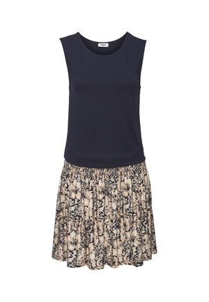 Ärmelloses schwarzes Top-Kleid mit lockerem, gerafftem Rock mit beigem und schwarzem abstraktem Blumenmuster.