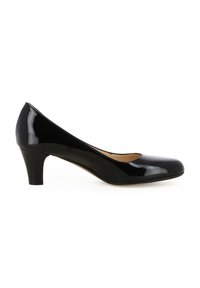 Décolleté in vernice nera con punta tondeggiante, tacco basso e superficie liscia. Il design presenta una silhouette classica con dettagli minimi.