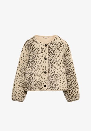 Wollmischung Jacke mit rundem Halsausschnitt, cremefarbig mit schwarzem Fleckenmuster, mit vorderem Knopfverschluss und langen Ärmeln.