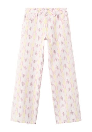 Pantalon à jambes larges avec un motif abstrait pastel rose, jaune et gris et des poches avant sur fond blanc.