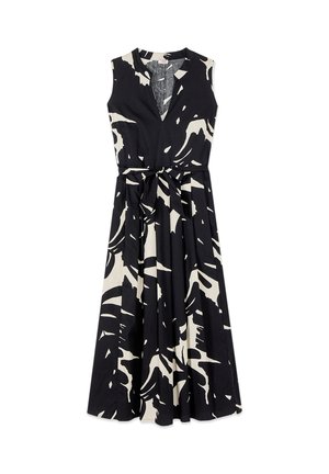 Robe midi sans manches à motif noir et blanc avec col en V et ceinture nouée à la taille, dotée d'un design abstrait de coups de pinceau.