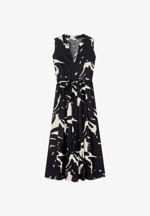 Ärmelloses schwarz-weiß gemustertes Midikleid mit V-Ausschnitt und gebundenem Taillengürtel, mit abstraktem Pinselstrich-Design.