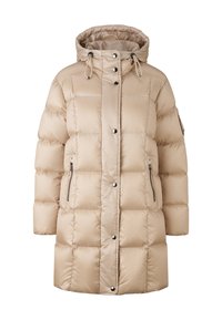 Beige Pufferjacke mit Kapuze, mit gesteppter Gestaltung, Druckknopf- und Reißverschluss, seitlichen Taschen und einer leicht glänzenden Stoffoberfläche.