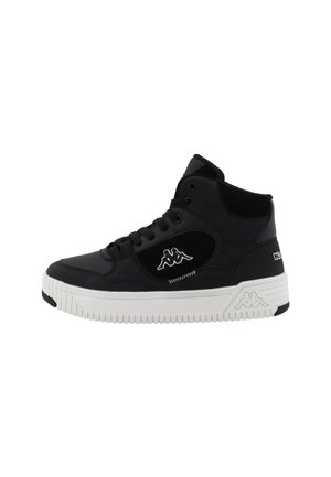 Black high-top sneakers made of synthetic material featuring a white sole, round toe, and a logo on the side. Textured accents on the upper.
