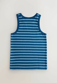 Débardeur bleu sans manches avec des rayures horizontales bleu clair, posé à plat sur un fond blanc, montrant le dos.