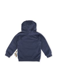 Navyblauer Kapuzenpullover aus weichem Material, mit einer Kängurutasche und einem dekorativen Dinosaurierapplikation an der Seite.