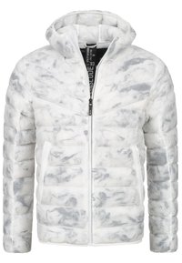 Doudoune blanche avec un motif marbré, présentant des panneaux matelassés horizontaux, une capuche et une fermeture éclair à l'avant. Comprend des poches latérales.