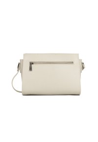 Borsa a tracolla beige con texture, dotata di una tasca frontale con zip, tracolla regolabile e design strutturato a forma rettangolare. Stile minimalista.