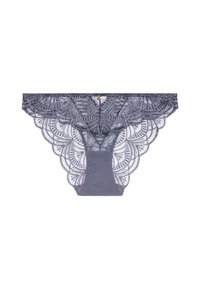 String en dentelle de couleur gris foncé avec un motif festonné complexe, présentant un panneau central uni et un matériel décoratif au niveau de la ceinture.