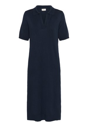 Navy-blaues Polokleid mit V-Ausschnitt, kurzen Ärmeln und lockerer Passform. Hergestellt aus einem strukturierten Strickstoff mit seitlichen Schlitzen am Saum.