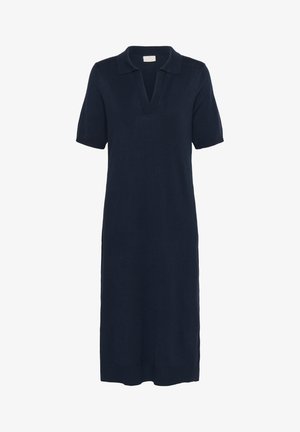 Marineblå polo-style kjole med v-hals, kortærmede og en løs pasform. Fremstillet af et struktureret strikstof med sideslidser ved kanten.