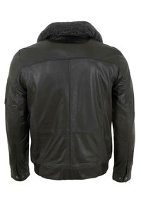 Schwarze Lederjacke mit einem Schafslederkragen, gefertigt mit Teilungsnähten und ellenbogenpatches, ausgestattet mit einem taillierten Design und Druckknöpfen.