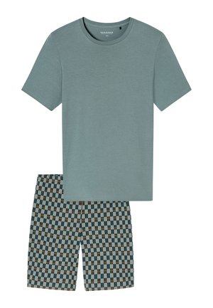 T-shirt teal a maniche corte con scollatura rotonda abbinato a pantaloni corti a fantasia nei toni blu, verde e arancione. Materiale in misto cotone.