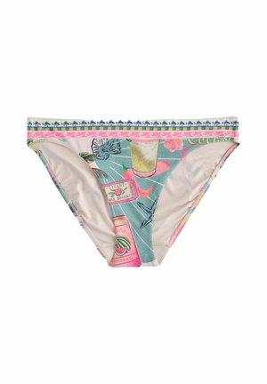 Dół bikini w jasnym kremowym kolorze z kolorowym tropikalnym nadrukiem. Posiada wzorzysty pas i miękki, elastyczny materiał.