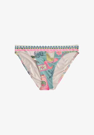 Dół bikini w jasnym kremowym kolorze z kolorowym tropikalnym nadrukiem. Posiada wzorzysty pas i miękki, elastyczny materiał.