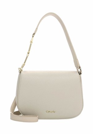 Beige leather handbag with a textured finish, rounded shape, adjustable strap, and gold hardware accents, featuring a logo on the front.