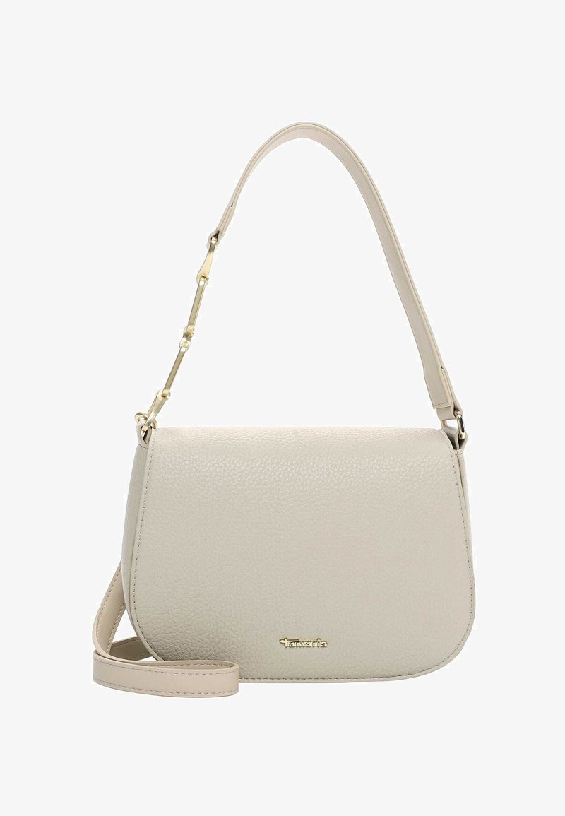 Borsa a mano in pelle beige con finitura strutturata, forma arrotondata, tracolla regolabile e dettagli in metallo dorato, con un logo sul davanti.