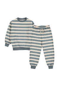 Dětský dvoudílný set s dlouhým rukávem pruhovanou mikinou a odpovídajícími volnými tepláky s elastickým pasem v modro-bežových odstínech.