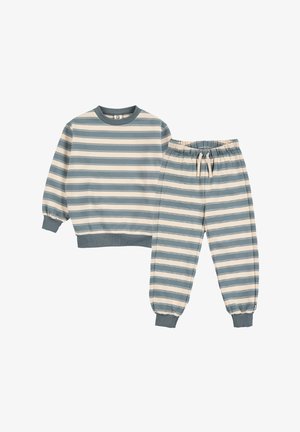 Completo per bambini composto da una felpa a maniche lunghe a righe e pantaloni jogger abbinati con vita elastica, nei toni del blu e del beige.