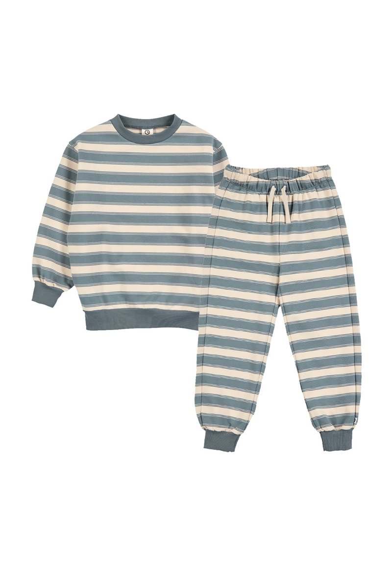 Dětský dvoudílný set s dlouhým rukávem pruhovanou mikinou a odpovídajícími volnými tepláky s elastickým pasem v modro-bežových odstínech.