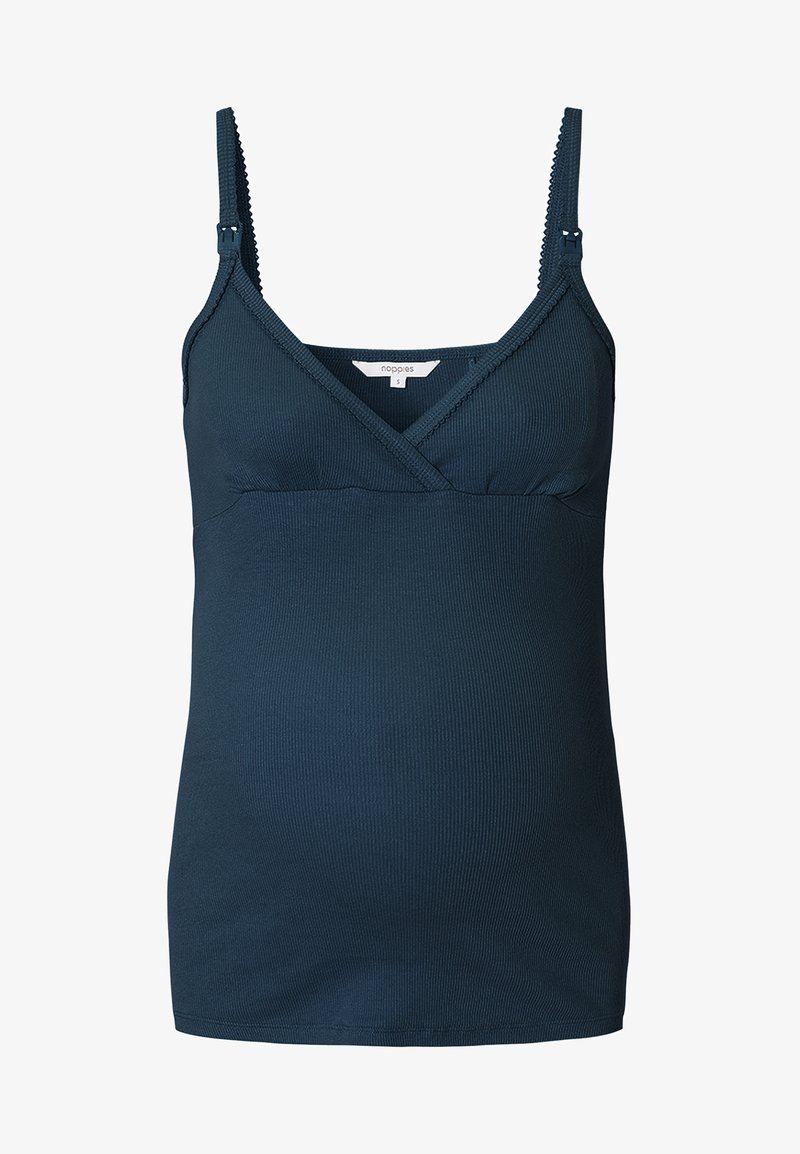 Top de nursing en bleu sarcelle foncé, texture côtelée, avec des bretelles réglables et un design à croiser à l'avant, adapté pour les vêtements de maternité.
