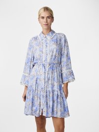 Robe à motif floral dans des tons bleu clair et crème. Présente un col, des manches longues en forme de cloche et un ourlet à volants en étages. Tissu léger.