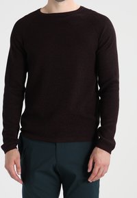 Mężczyzna w dopasowanym, ciemno-brązowym swetrze z długim rękawem i ciemnozielonych spodniach, stojący na jednolitym tle.