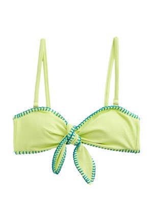 Svetlozelený horný diel bikín s tenkými ramienkami, modrým prešívaním na okrajoch a detailom uzla na prednej strane.