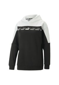Felpa nera e bianca con tasca a marsupio, maniche lunghe e cappuccio. Presenta una banda con logo strutturato sul petto. Materiale in misto cotone.