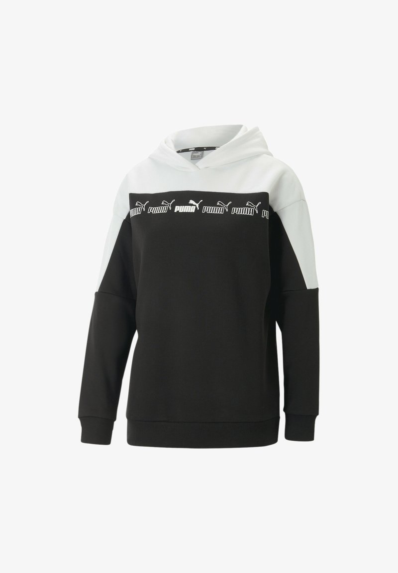 Felpa nera e bianca con tasca a marsupio, maniche lunghe e cappuccio. Presenta una banda con logo strutturato sul petto. Materiale in misto cotone.
