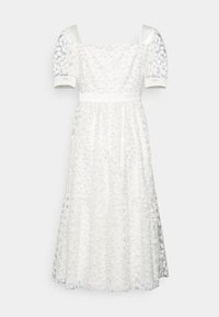 Abito midi bianco con maniche corte a sbuffo, scollatura quadrata, impreziosito da motivi floreali testurizzati e vita aderente.