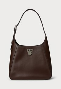 Brown leather handbag with a smooth texture, a wide body, and a shoulder strap. Features a silver padlock accent at the front.