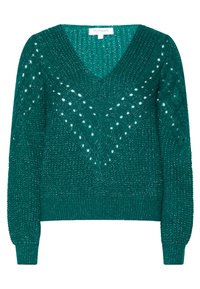 Pull en tricot bleu sarcelle avec encolure en V, motifs chevron ajourés, poignets et ourlet côtelés, fabriqué à partir de fil texturé.