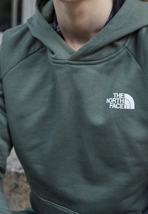 Personne portant un sweat à capuche vert olive avec le logo « The North Face » sur la poitrine, montrant le haut du torse et le cou.