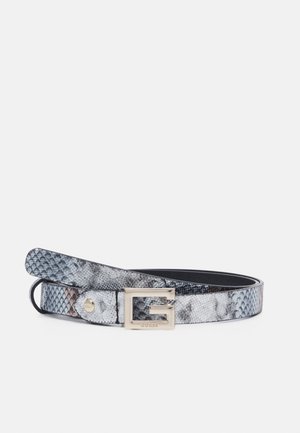 Snake-print leather belt with silver "G" buckle, folded on a white background.