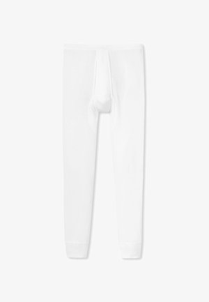 Weiße lange Thermounterwäsche-Hose mit konturiertem Vorderfach und gerippten Bündchen an den Knöcheln, flach auf einem weißen Hintergrund ausgelegt.