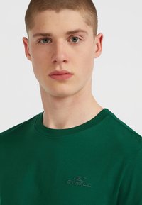 Grøn bomulds T-shirt med rund udskæring og korte ærmer. Har et lille, broderet logo på brystet i en kontrastfarve.