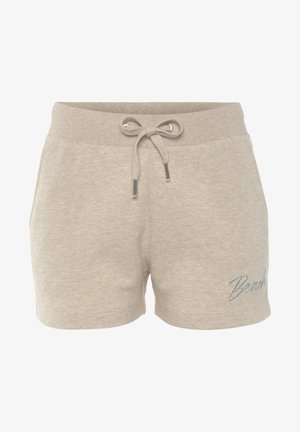 Beige katoenen shorts met een elastische tailleband, trekkoordsluiting, twee zijzakken en een zilveren geborduurd logo op de linksonder.