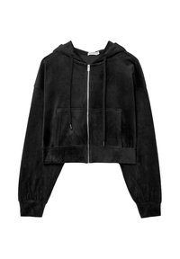 Sort cropped zip-up hoodie lavet af blødt materiale, med hætte, frontlommer og snore. Glat tekstur med ribbede manchetter.