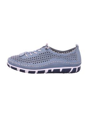 Light blue casual shoe with perforated upper, white stitching, lace-up front, and black-and-white patterned sole.
