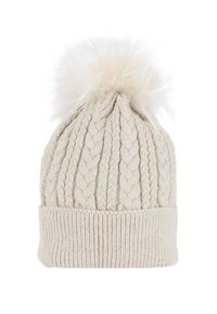 Berretto a maglia cable in crema, realizzato in morbida lana, con un ampio risvolto a coste e un soffice pom-pom bianco sulla cima.