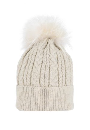 Berretto a maglia cable in crema, realizzato in morbida lana, con un ampio risvolto a coste e un soffice pom-pom bianco sulla cima.