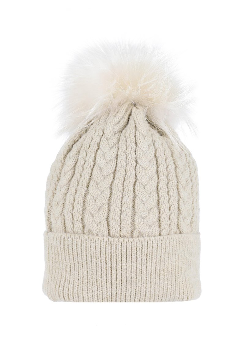 Berretto a maglia cable in crema, realizzato in morbida lana, con un ampio risvolto a coste e un soffice pom-pom bianco sulla cima.