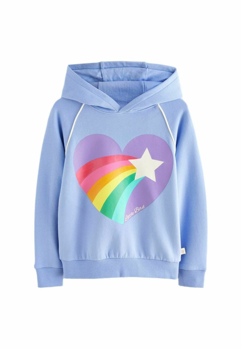 Felpa leggera blu con un grande grafiche a forma di cuore che presenta un arcobaleno e una stella bianca. Tessuto morbido, polsini e vita ribattuti.