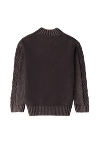 Maglione lavorato a maglia marrone con colletto e orlo a coste, caratterizzato da motivi testurizzati sulle maniche e da un design posteriore liscio.