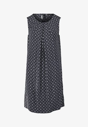 Sukienka bez rękawów w granatowym kolorze z białym geometrycznym wzorem kwiatowym. Posiada okrągły dekolt i plisowany przód.