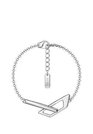 Silbernes Kettenarmband mit geometrischer Stange und offenem diamantförmigem Anhänger, Karabinerverschluss und kleinem Anhänger mit Gravur "DIESEL".