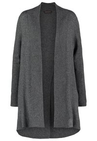 Cardigan ouvert gris foncé en tissu tricoté doux. Présente une texture côtelée le long des poignets et de l'ourlet, avec une coupe décontractée et sans fermeture.