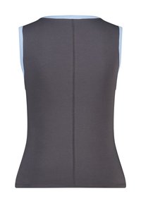 Sleeveless athletic top in dark gray with light blue accents along the neckline and armholes, featuring a fitted design and smooth texture.