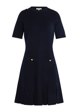Marineblaues Kleid mit Rundhalsausschnitt, kurzen Ärmeln, goldenen Knopfakzenten auf den Schultern und zwei Klapptaschen mit goldenen Knöpfen. Faltiger Rock.